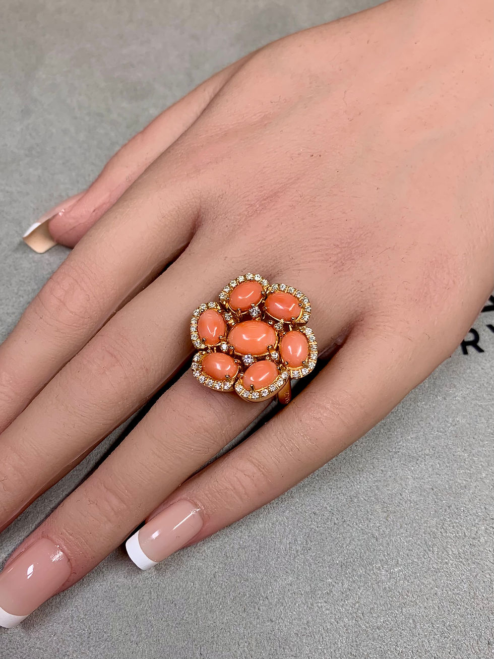 Thumbnail: Estate Zydo 18K Yellow Gold Cabochon Coral Diamond Floral Italian Cocktail Ring