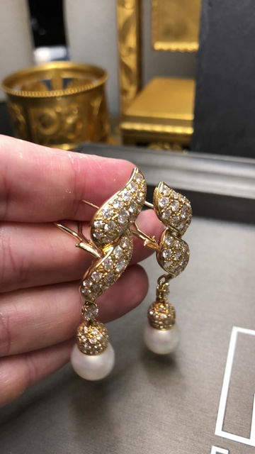 Thumbnail: Vintage 18K Pearl Drop Diamond Omega Earrings 6.65cttw 