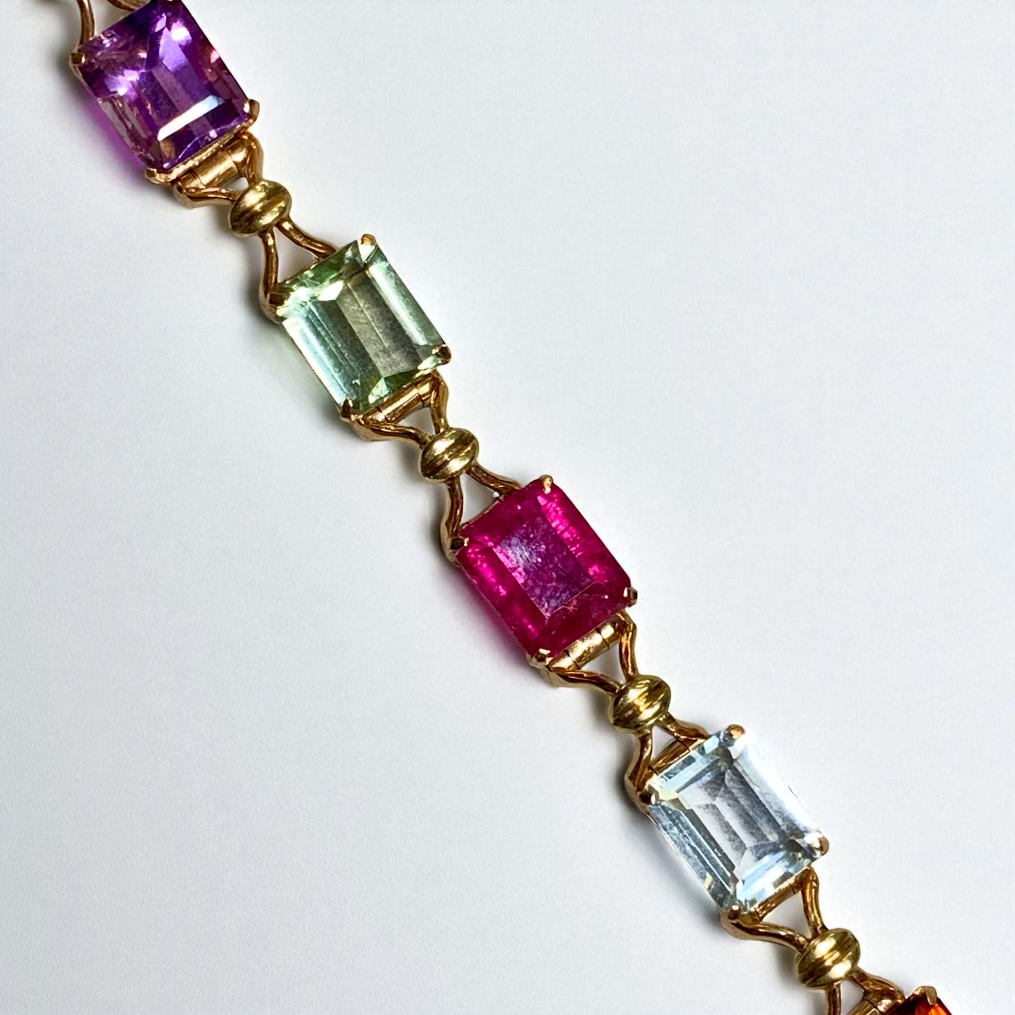 Vintage 1950’s 18K Tourmaline Aquamarine Amethyst Gemstone Line Bracelet 40ctw