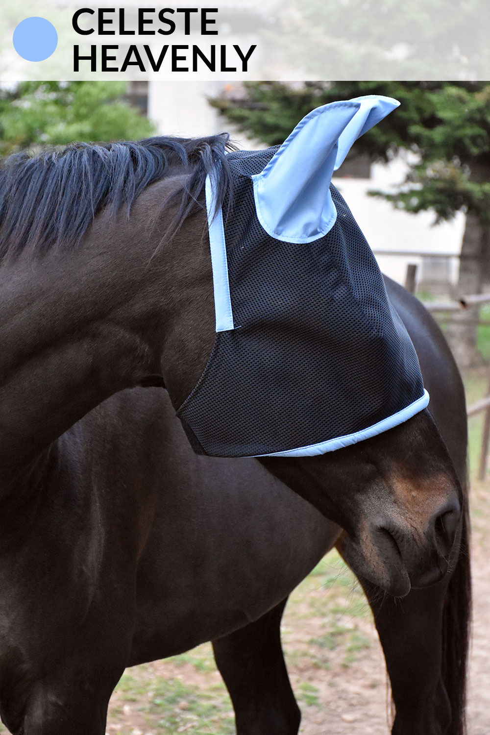 In the photo, you can see a horse wearing the LoveHorses insect mask with gabardine blue cotton ears."