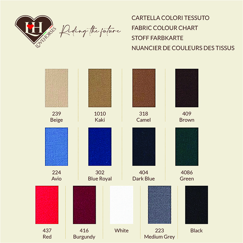 Hier ist die LoveHorses-Farbkarte für unsere Stoffe mit einer breiten Palette von Farbtönen, die all