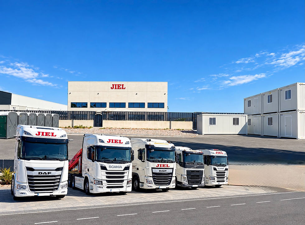 Instalaciones principales y base logística de Jiel Grúas y Transporte con flota de camiones, casetas de obra y sanitarios portátiles.
