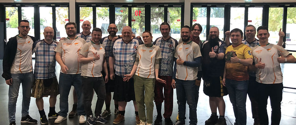 Team Scotland and Team Cyprus celebrate a fun match in Round Four of Eurobowl