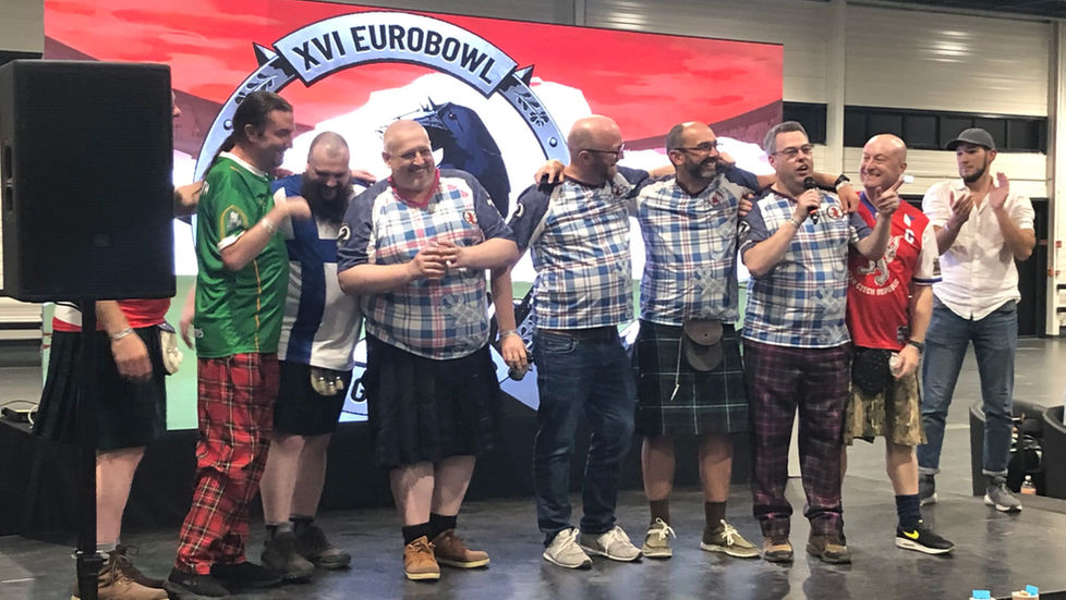 Jock on Stage with Team Scotland accepting hosting rights and announcing Glasgow as the host city for Eurobowl XVIII