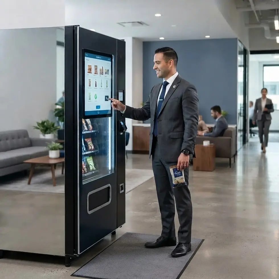 Commercial photography of a businessman selecting an item from a modern office vending machine. The scene suggests convenience and a professional workspace.