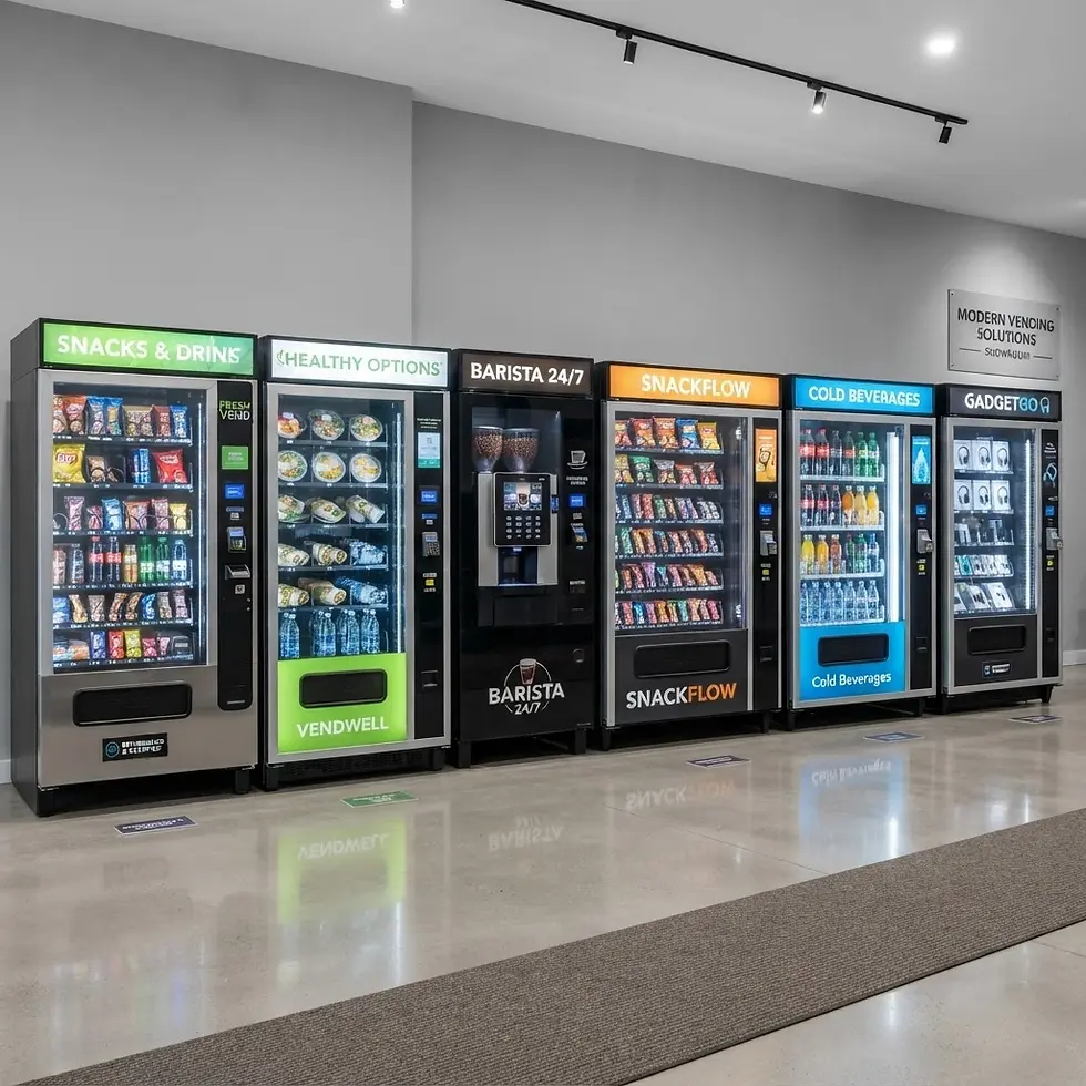 Photography of diverse vending machines lined up in a bright, modern interior. The machines offer snacks, drinks, coffee, and gadgets for convenience.