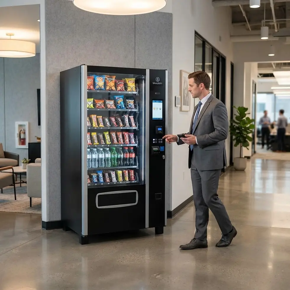 Commercial photography of a businessman using a sleek vending machine in a modern office. The machine is filled with assorted snacks and drinks.