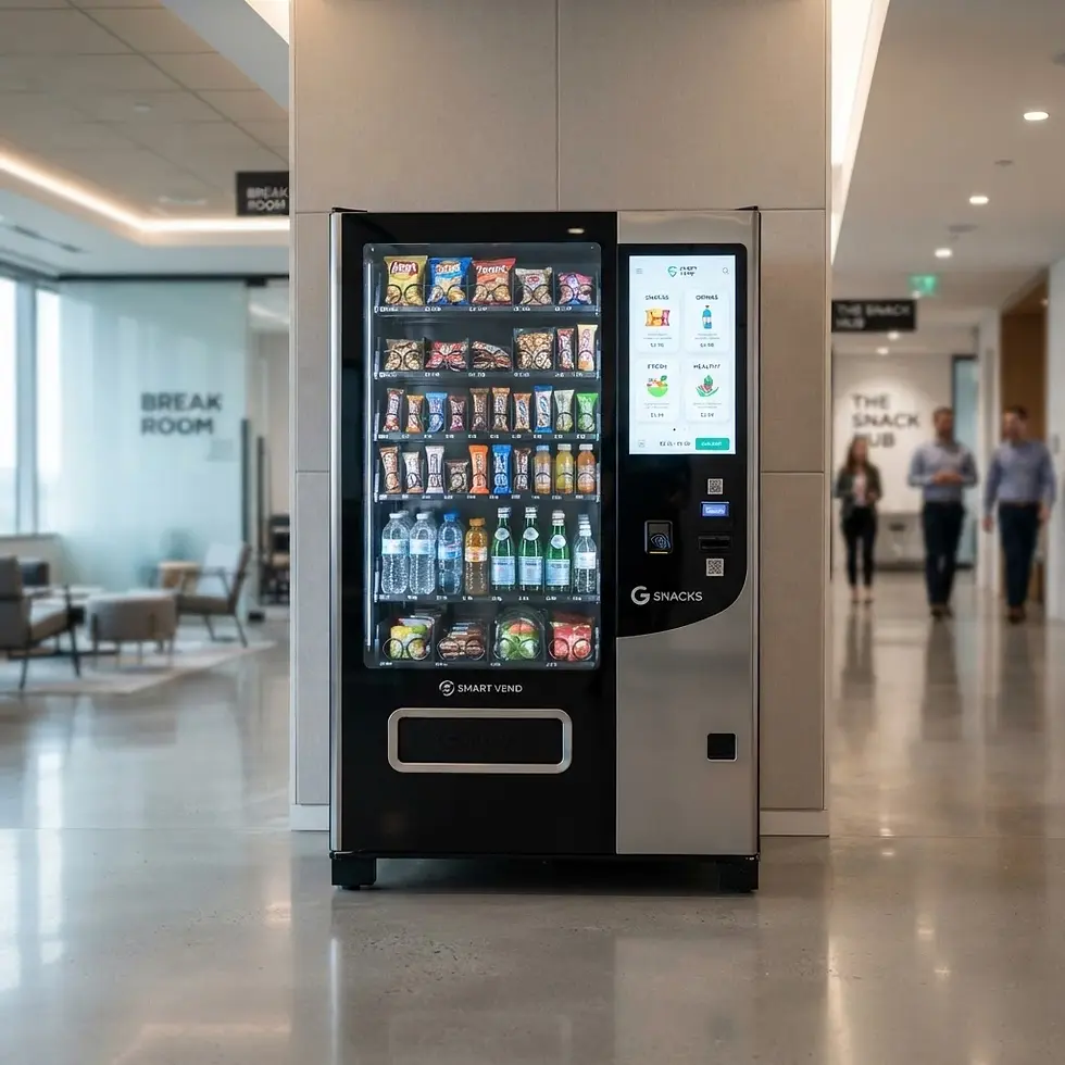 Interior photography of a modern vending machine stocked with snacks and drinks. Located in a bright, contemporary office hallway.