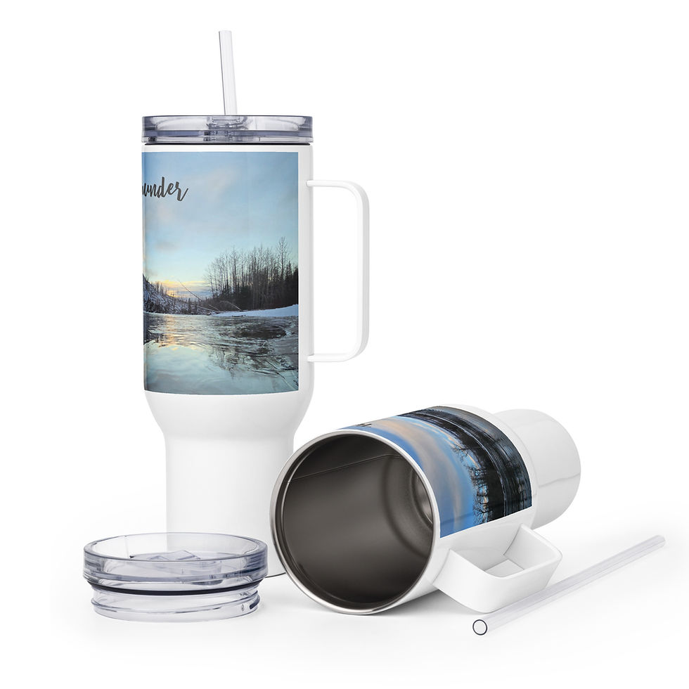Snowy Alaska landscape photograph printed on a white travel tumbler
