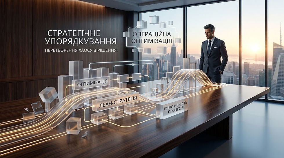 Businessman in a sleek office beside a futuristic strategy table with glowing flow lines and Ukrainian labels, city sunset backdrop