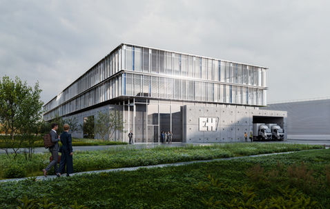 Perspective architecturale 3D d’un bâtiment contemporaine, rendu photoréaliste mettant en valeur une architecture écologique intégrée au paysage, visualisation numérique pour projet architectural, bâtiment de promoteur immobilier.