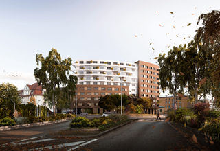 Perspective architecturale 3D d’un bâtiment contemporaine, rendu photoréaliste mettant en valeur une architecture écologique intégrée au paysage, visualisation numérique pour projet architectural, bâtiment de promoteur immobilier.