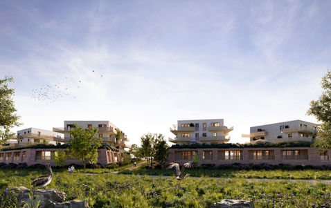 Perspective architecturale 3D d’un bâtiment contemporaine, rendu photoréaliste mettant en valeur une architecture écologique intégrée au paysage, visualisation numérique pour projet architectural, bâtiment de promoteur immobilier.