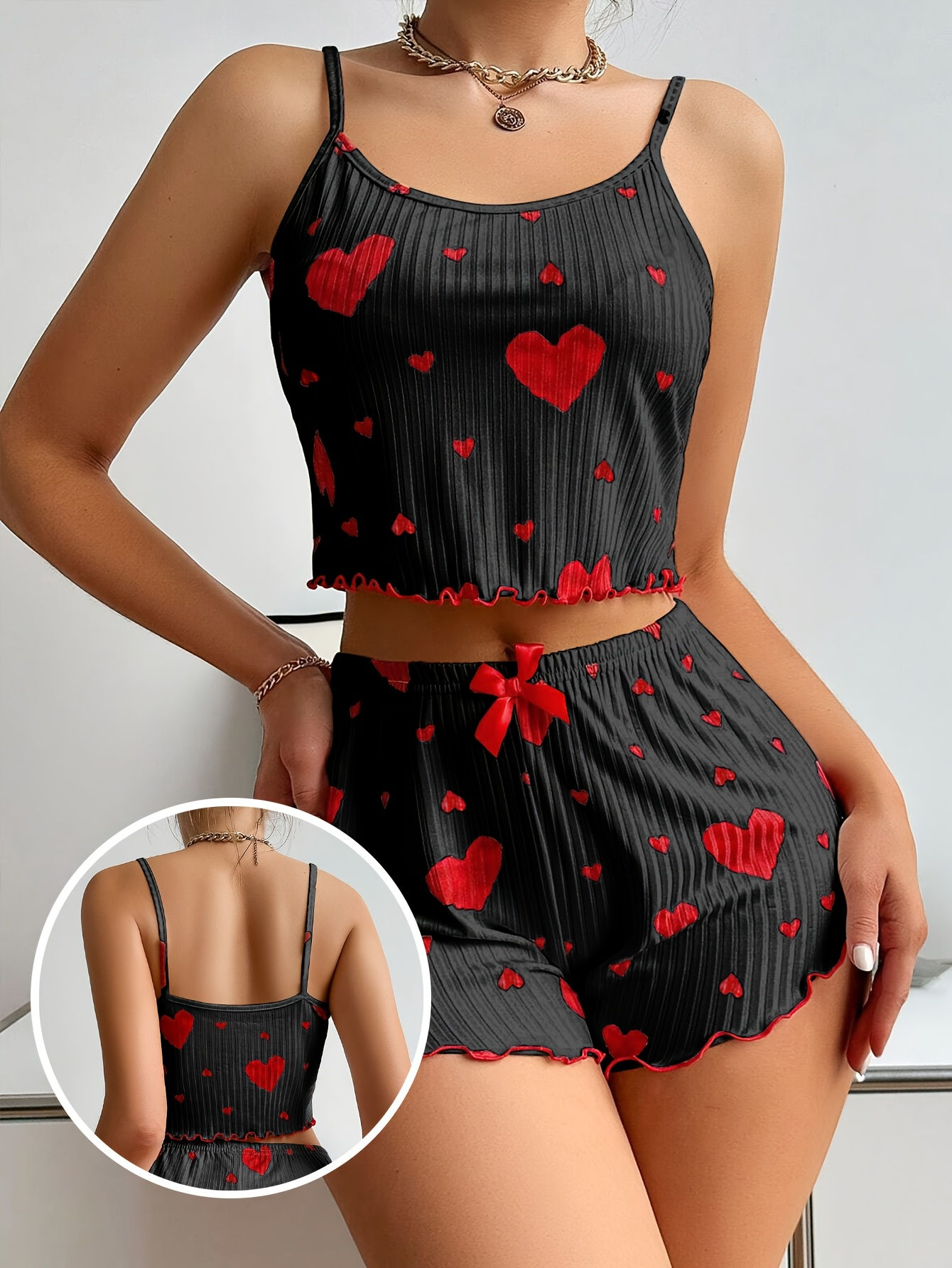 2 Pieces Pajamas Set Strap Camisoles + Shorts Homewear Print Underwear Sexy Ling