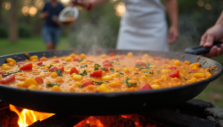 Eye-level view of a traditional Valencian paella cooking over an open flame