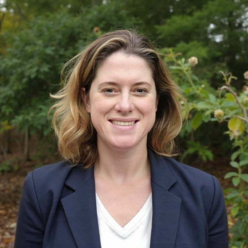 Portrait of Melissa Kreye in a navy blazer outdoors.