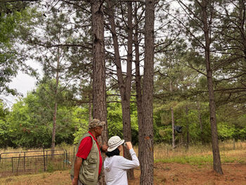 An image of two people in a forested area. One person is looking through binoculars.