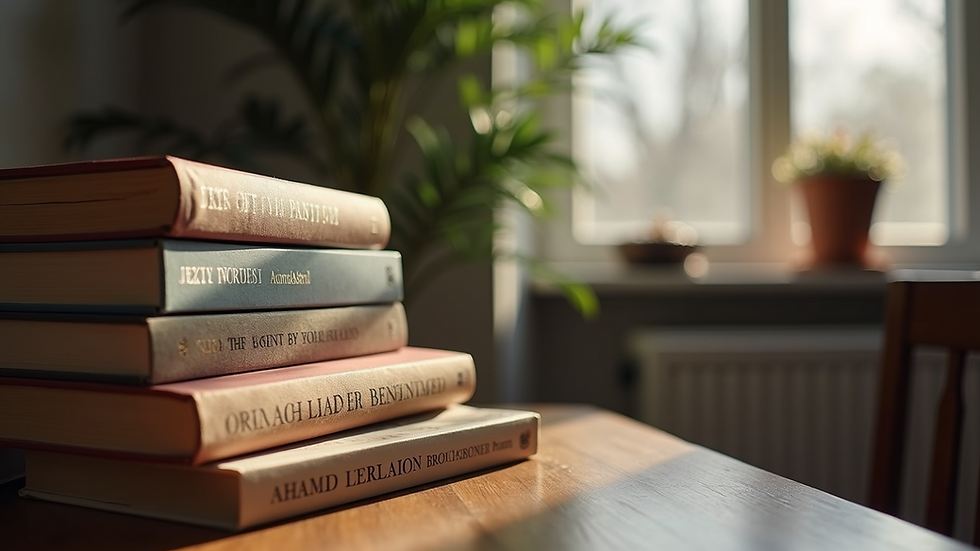 Eye-level view of a cozy reading nook with a stack of mental health books