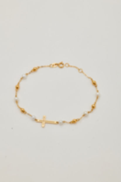 Pulseira cruz com pérolas e bolinhas