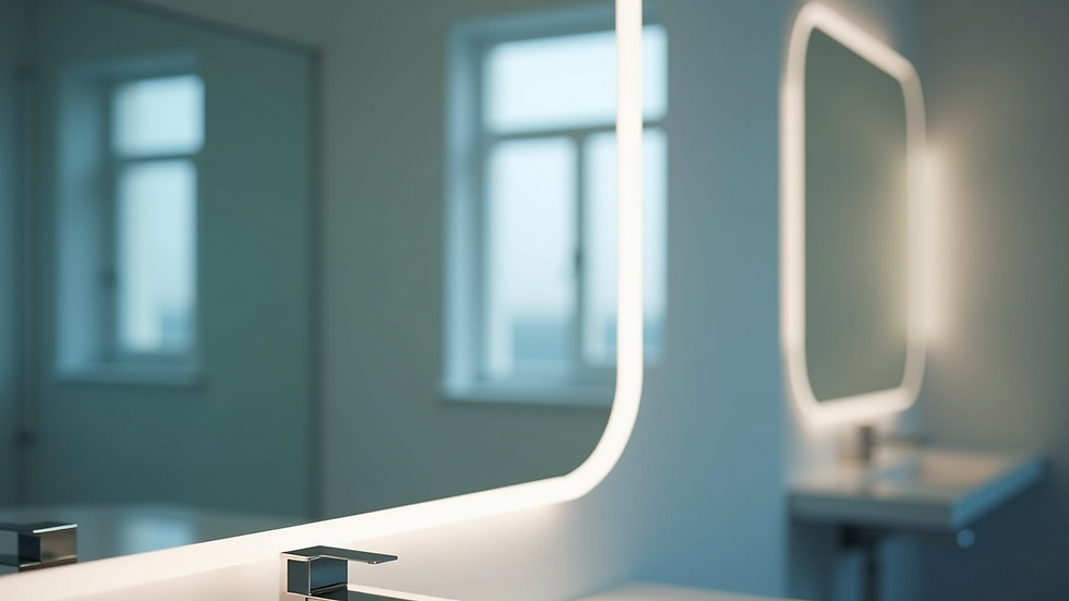 Close-up view of an LED mirror with anti-fog feature in a bathroom