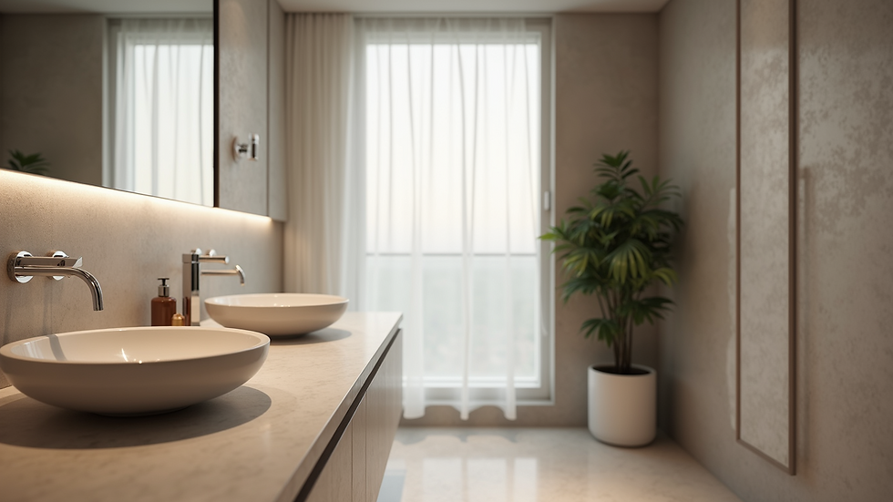 Eye-level view of a modern bathroom with a round countertop basin