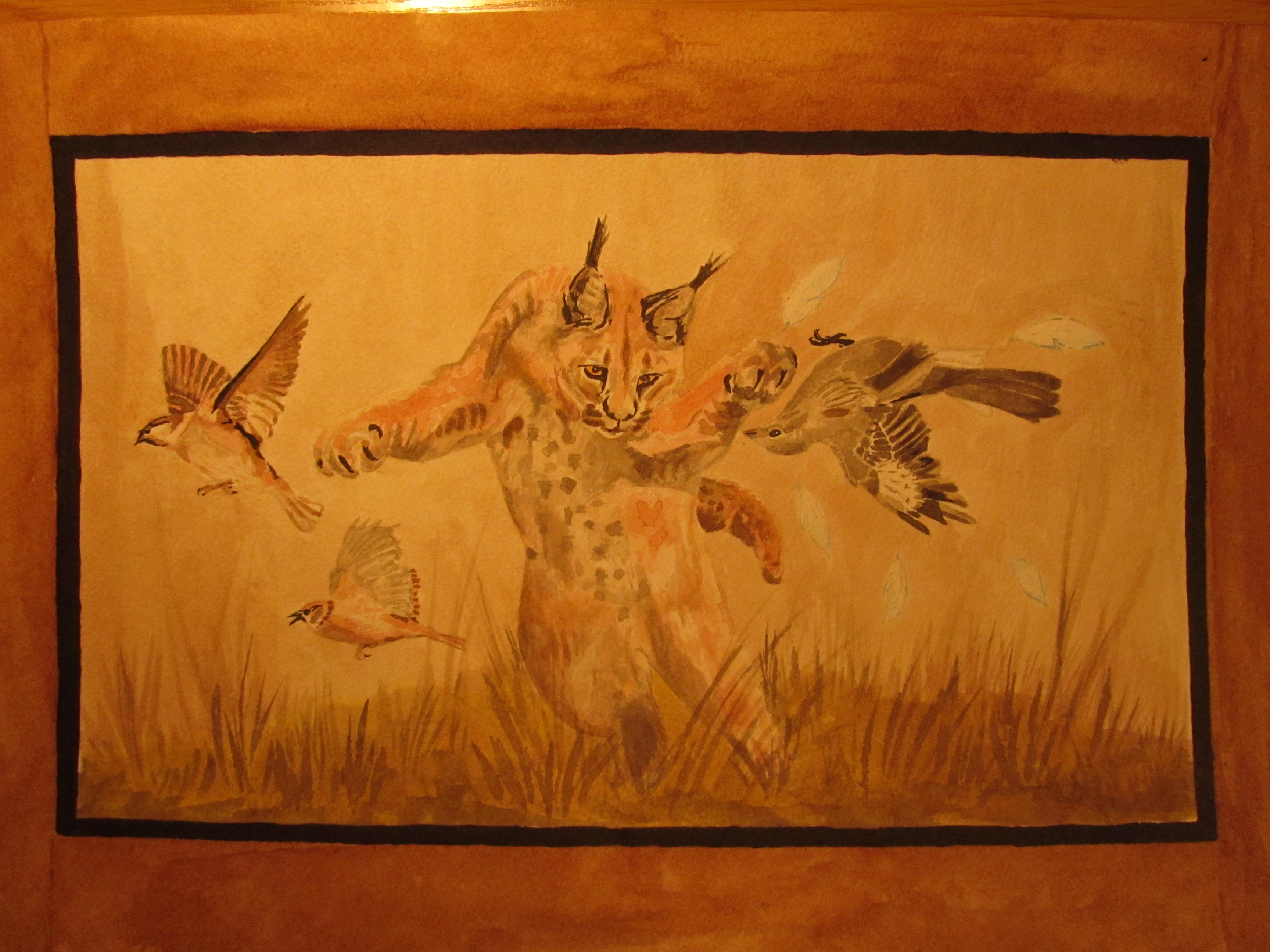 A3 watercolour inks painting of a Caracal, hunting