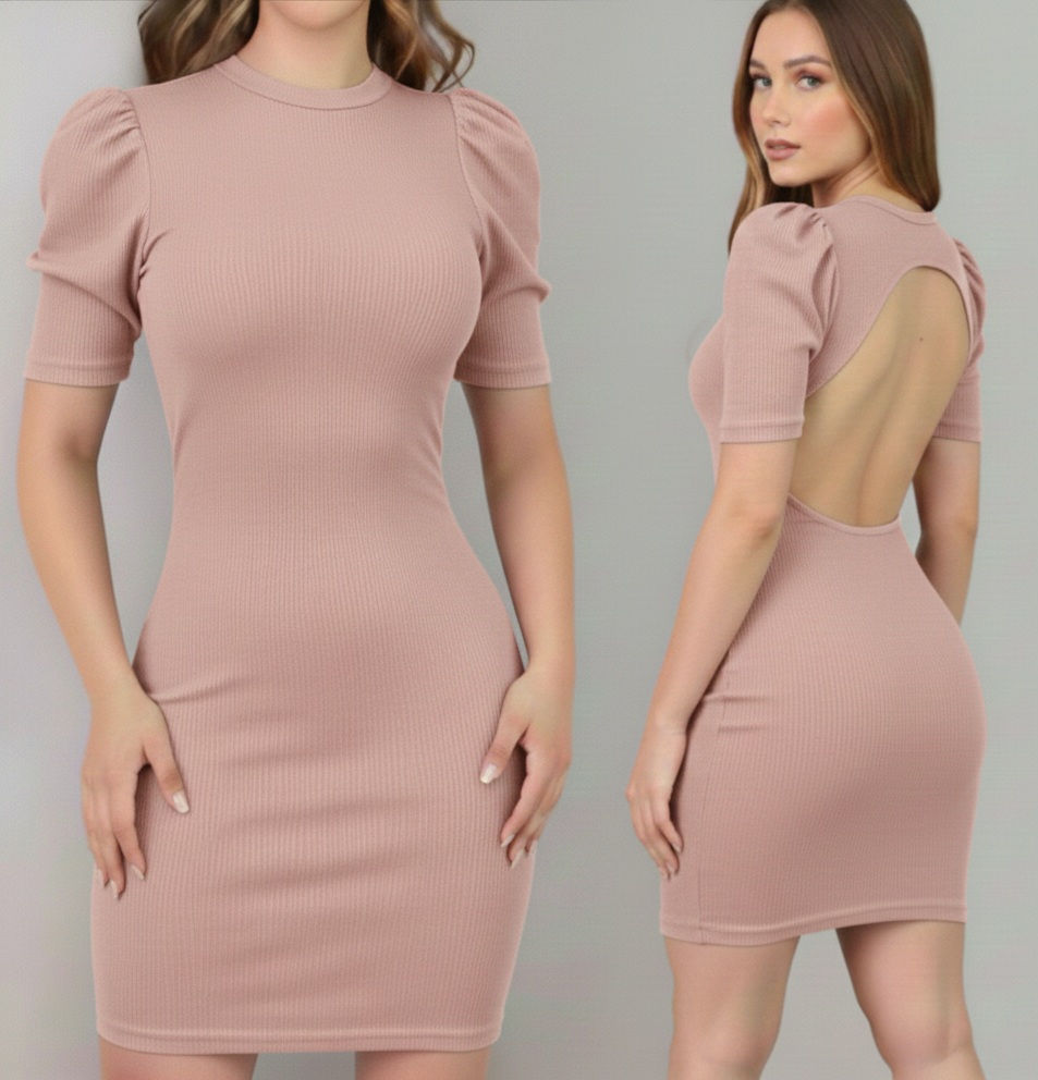 Miniatura: Vestido Canelado Manga Princesa com Costas Abertas – Elegante & Sensual
