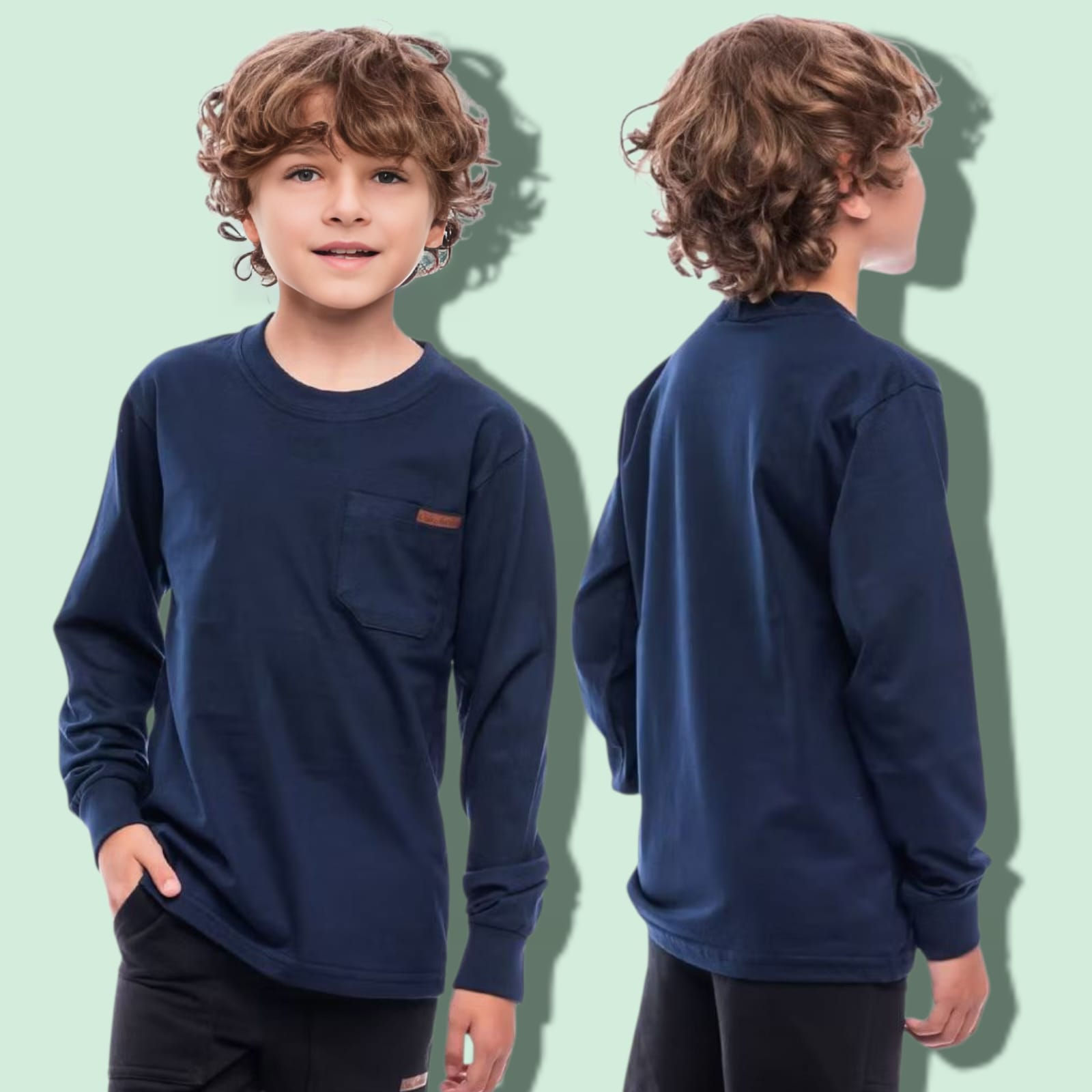 Camiseta Infantil Masculina Lisa com Bolso e Manga Longa