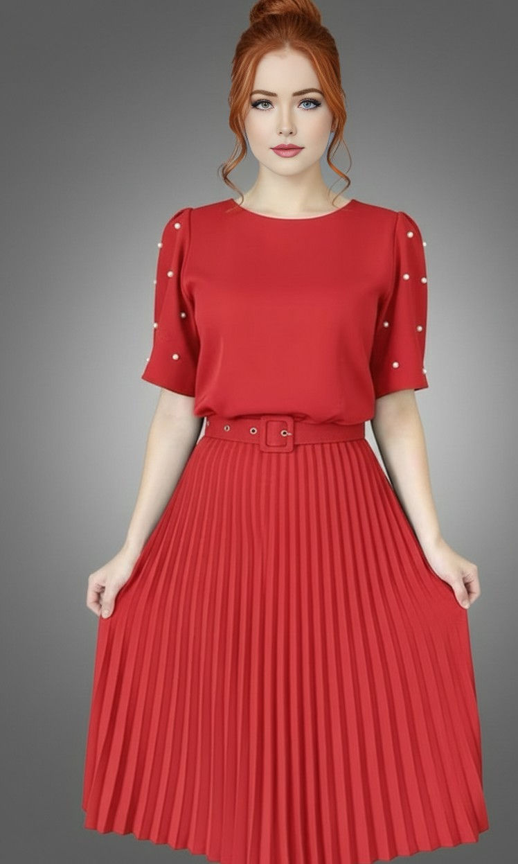 Miniatura: Vestido Feminino Midi Plissado com Pérolas nas Mangas – M (38 a 42)