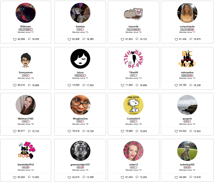 Grid of user profile cards with circular avatars, usernames, member-since dates, and heart/comment counts on a white background