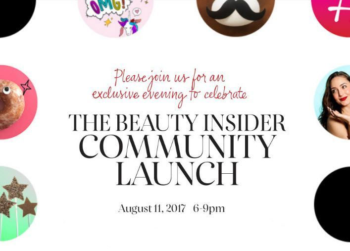Event invite on white background with beauty icons and a woman’s portrait, reading The Beauty Insider Community Launch, August 11, 2017, 6–9pm