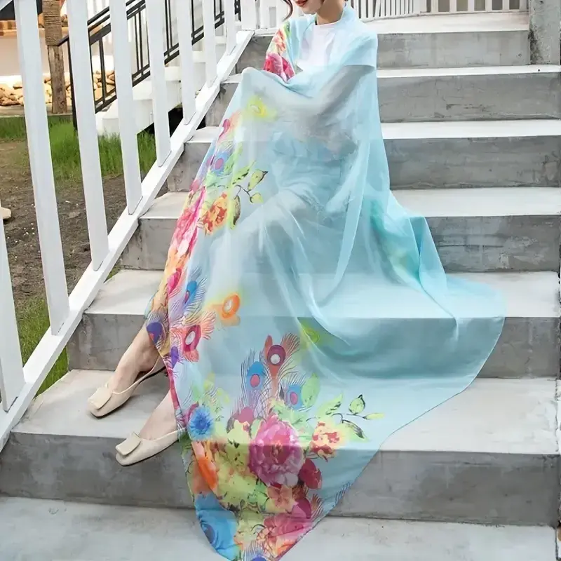 Thumbnail: Peacock Feather Print Chiffon Shawl/Scarf/Wrap