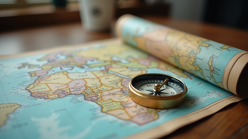 Eye-level view of a detailed travel map with notes and a compass