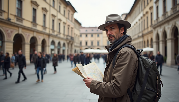 Eye-level view of a traveler with a map in a European city square
