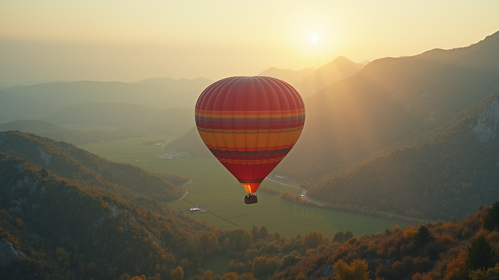 High angle view of a colorful hot air balloon floating over a scenic valley