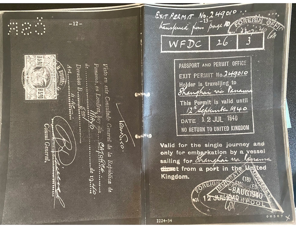 My father's exit visa from England to Shanghai via Panama.