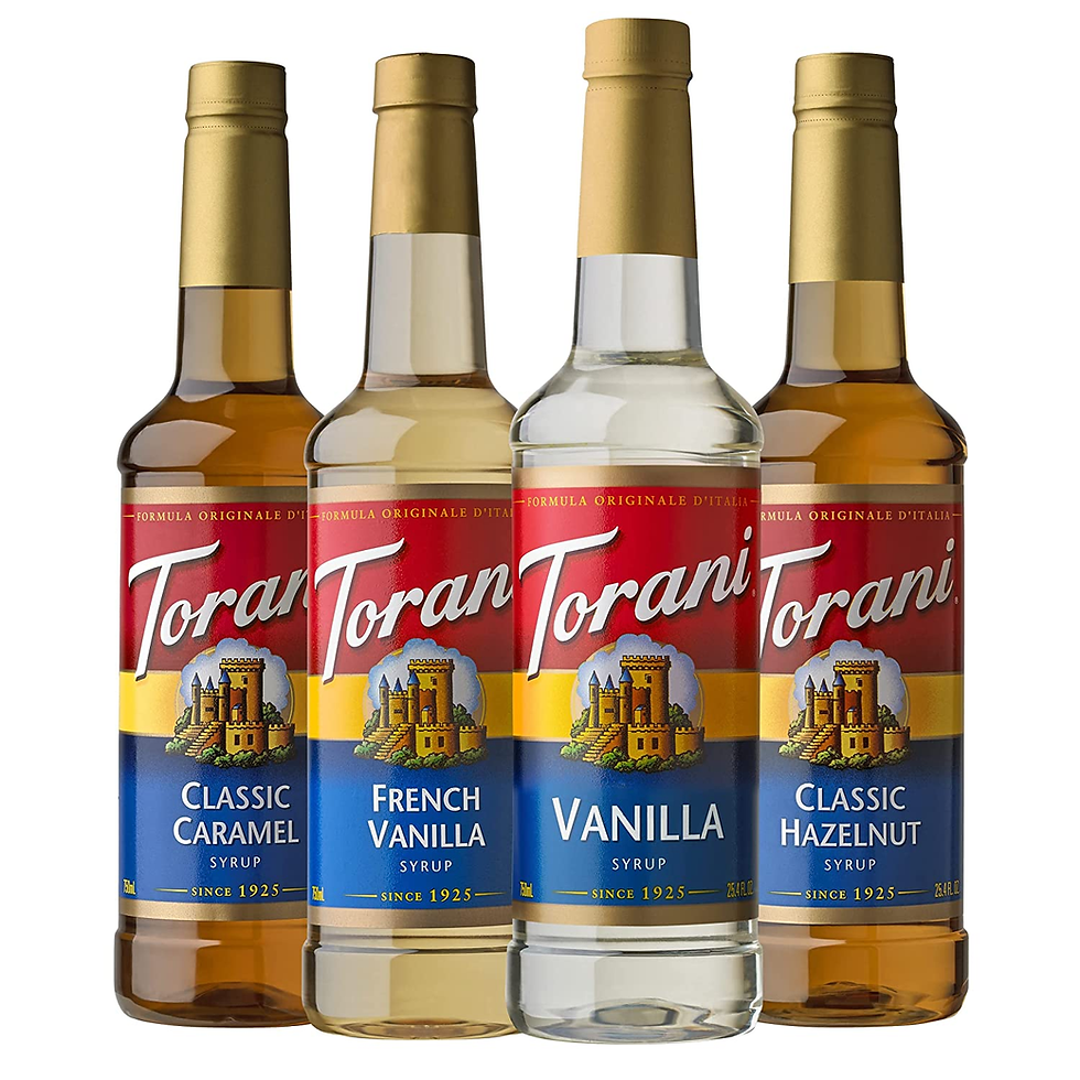 Torani Variety Pack featuring Caramel, French Vanilla, Vanilla & Hazelnut syrups - 25.4 Ounces Pack of 4