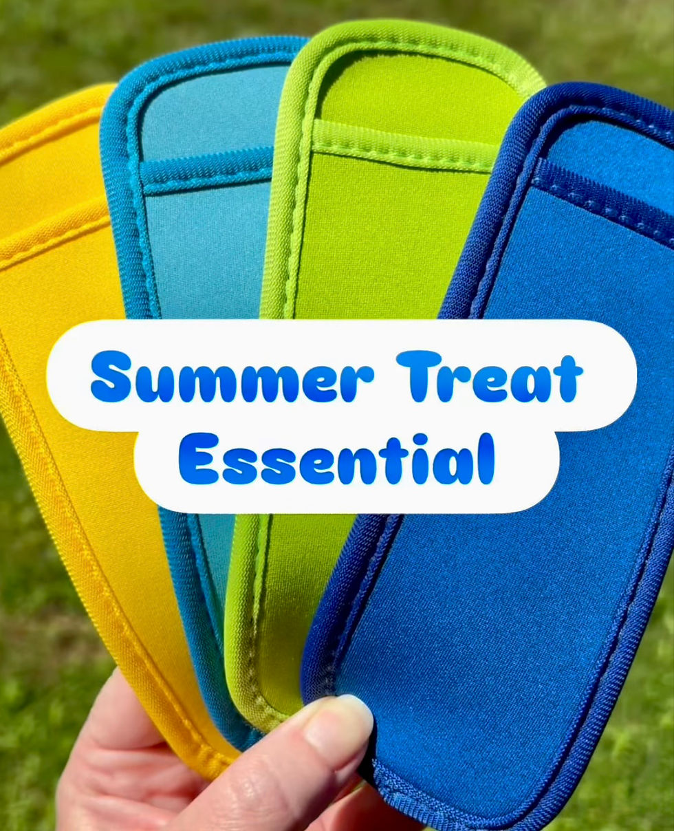 Four yellow, light blue, green, and dark blue popsicle holders fanned out against a grassy background, with the text "Summer Treat Essential" overlaid.