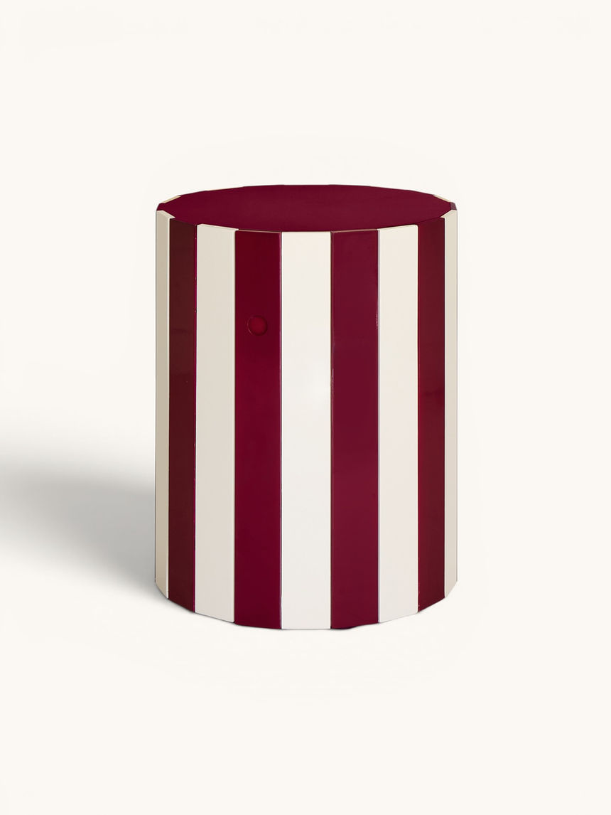 Lacquer striped barrel table in plum with concealed storage