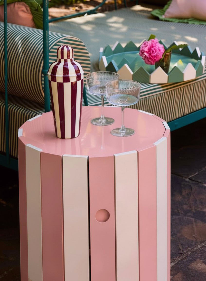 Plum and off-white hand-painted striped cocktail shaker with glossy finish.