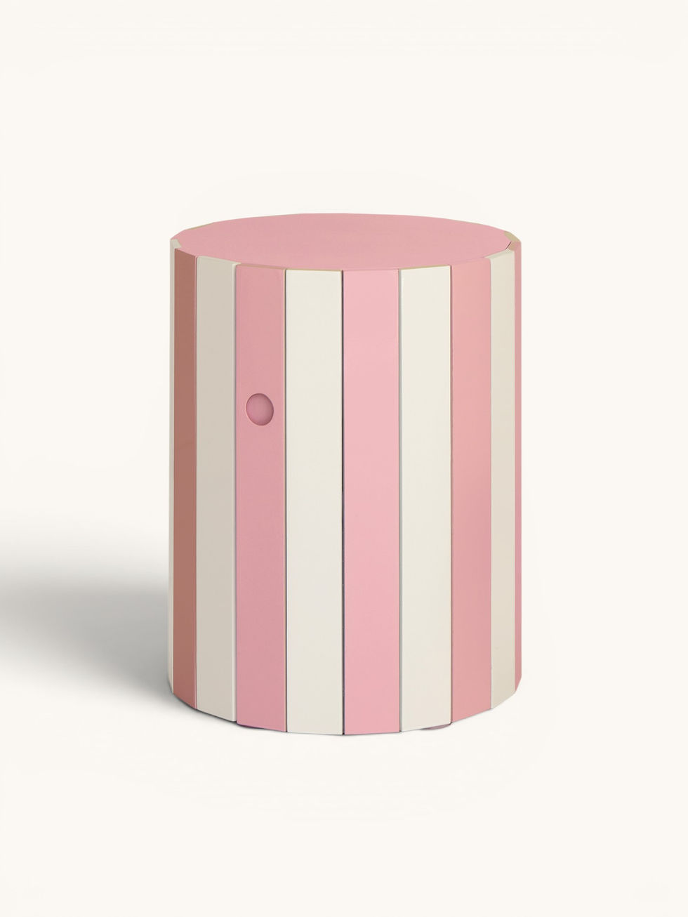 Powder Pink striped low barrel side table with hand-painted lacquer finish