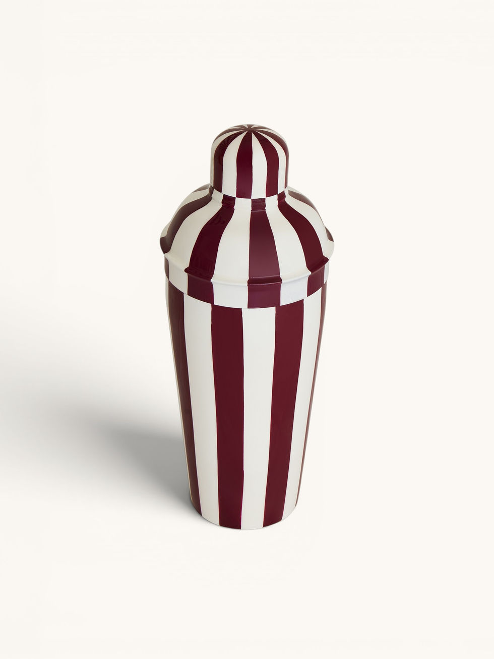 Plum and off-white hand-painted striped cocktail shaker with glossy finish.