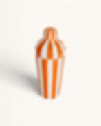 Orange and off-white hand-painted striped cocktail shaker with glossy finish.
