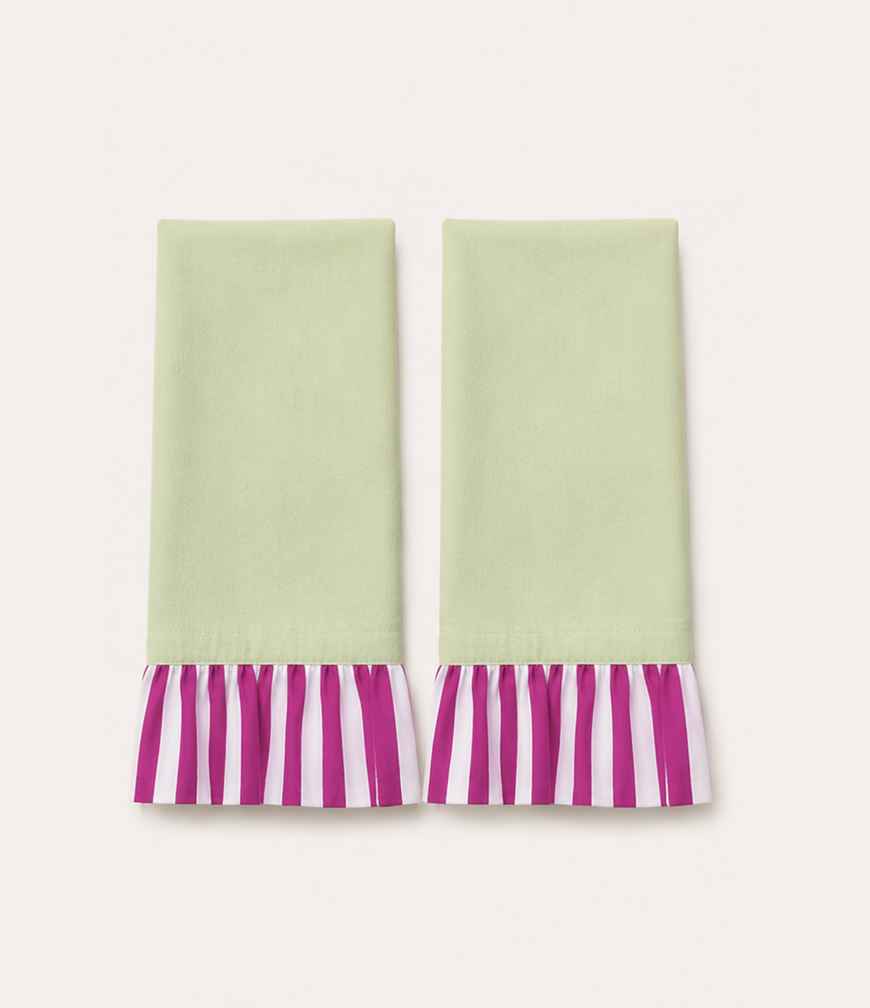 Sage Green pastel cotton ruffle napkins with contrasting Fuchsia Pink striped trim, styled on a dining table.