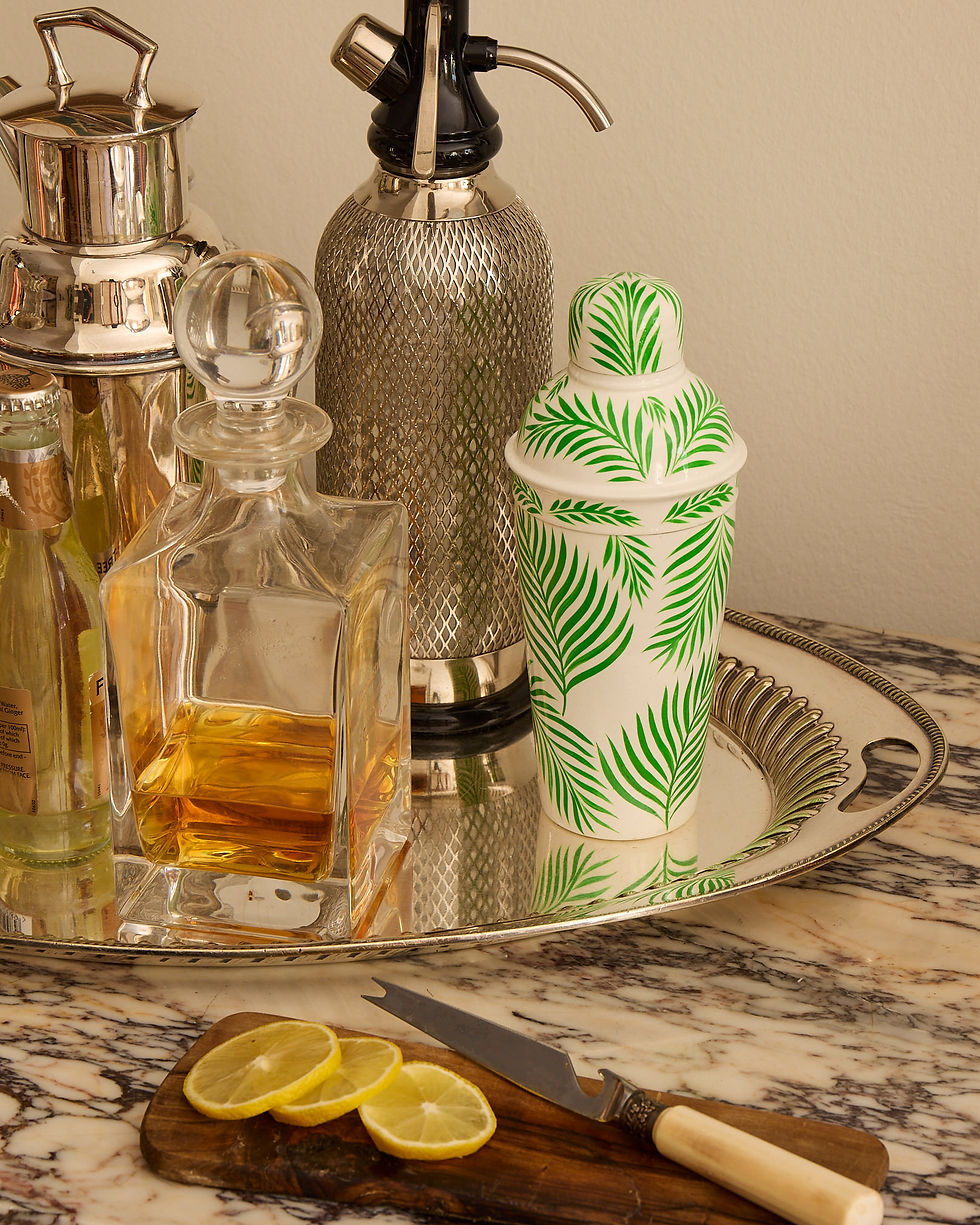 Palm leaf hand-painted striped cocktail shaker with glossy finish