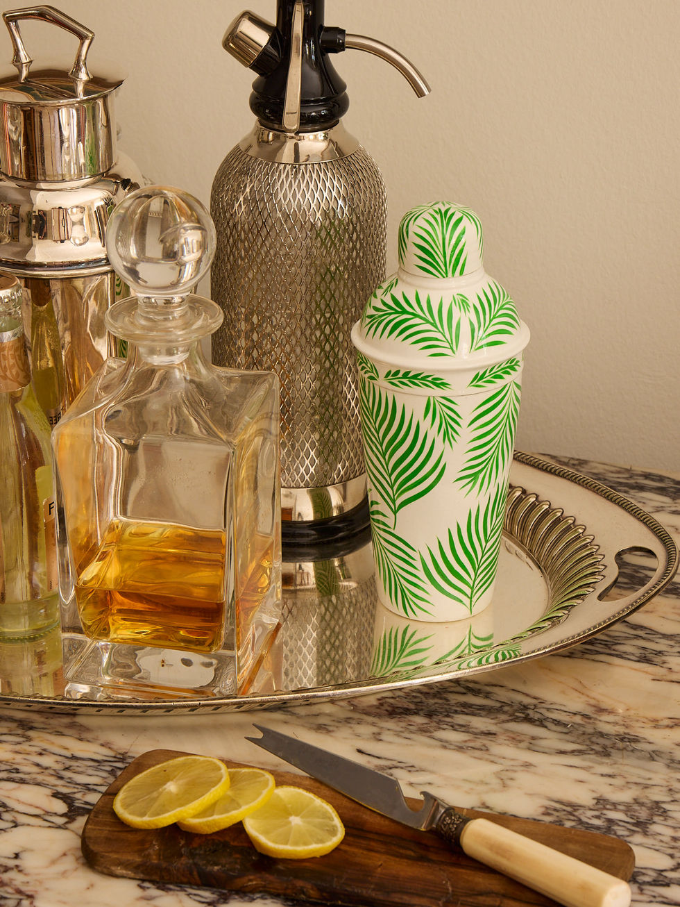 Palm leaf hand-painted striped cocktail shaker with glossy finish