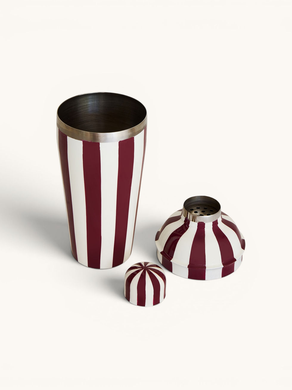 Plum and off-white hand-painted striped cocktail shaker with glossy finish.