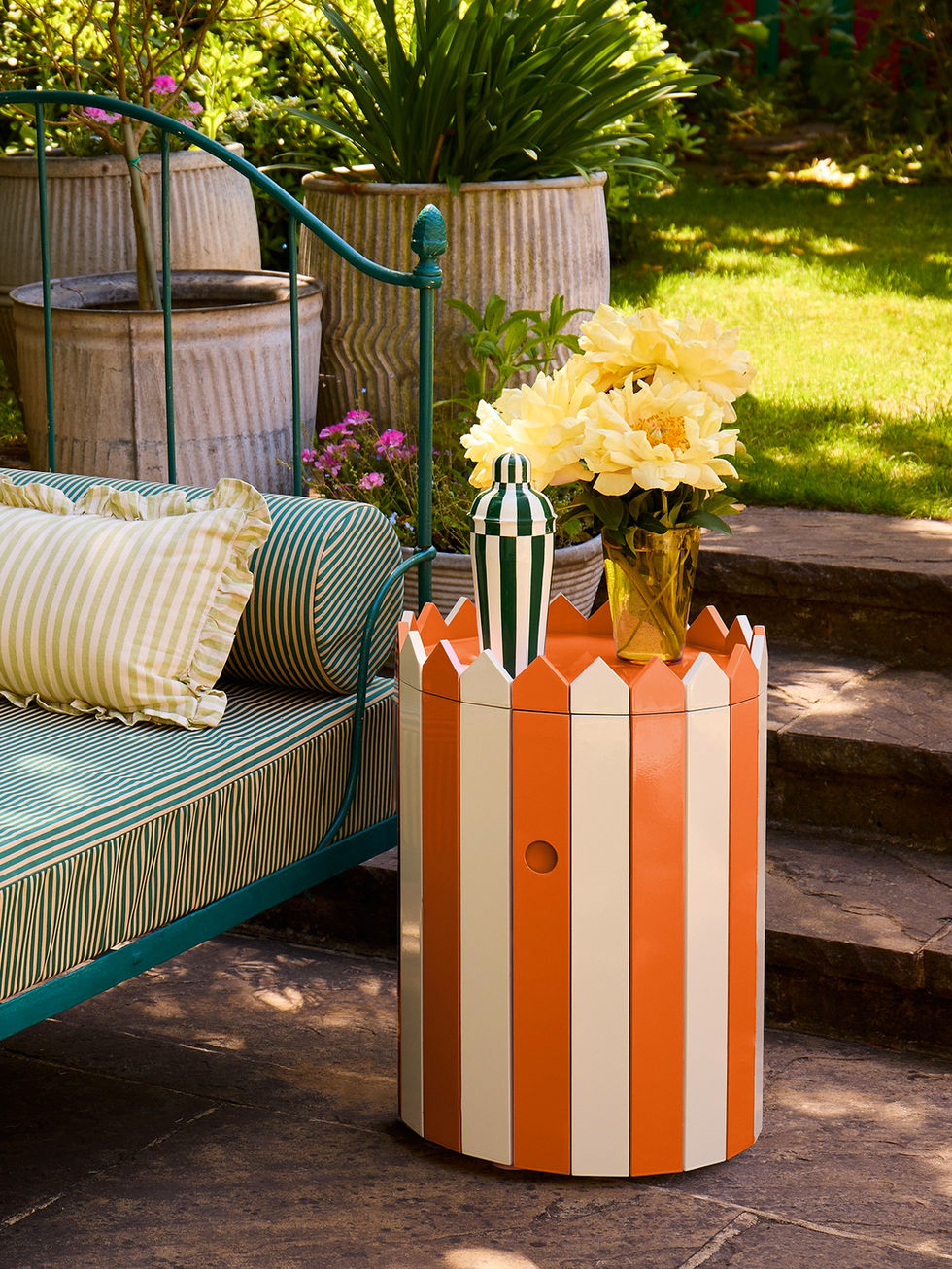 Large orange hand-painted lacquered tray designed for use with a barrel table and as a serving tray.