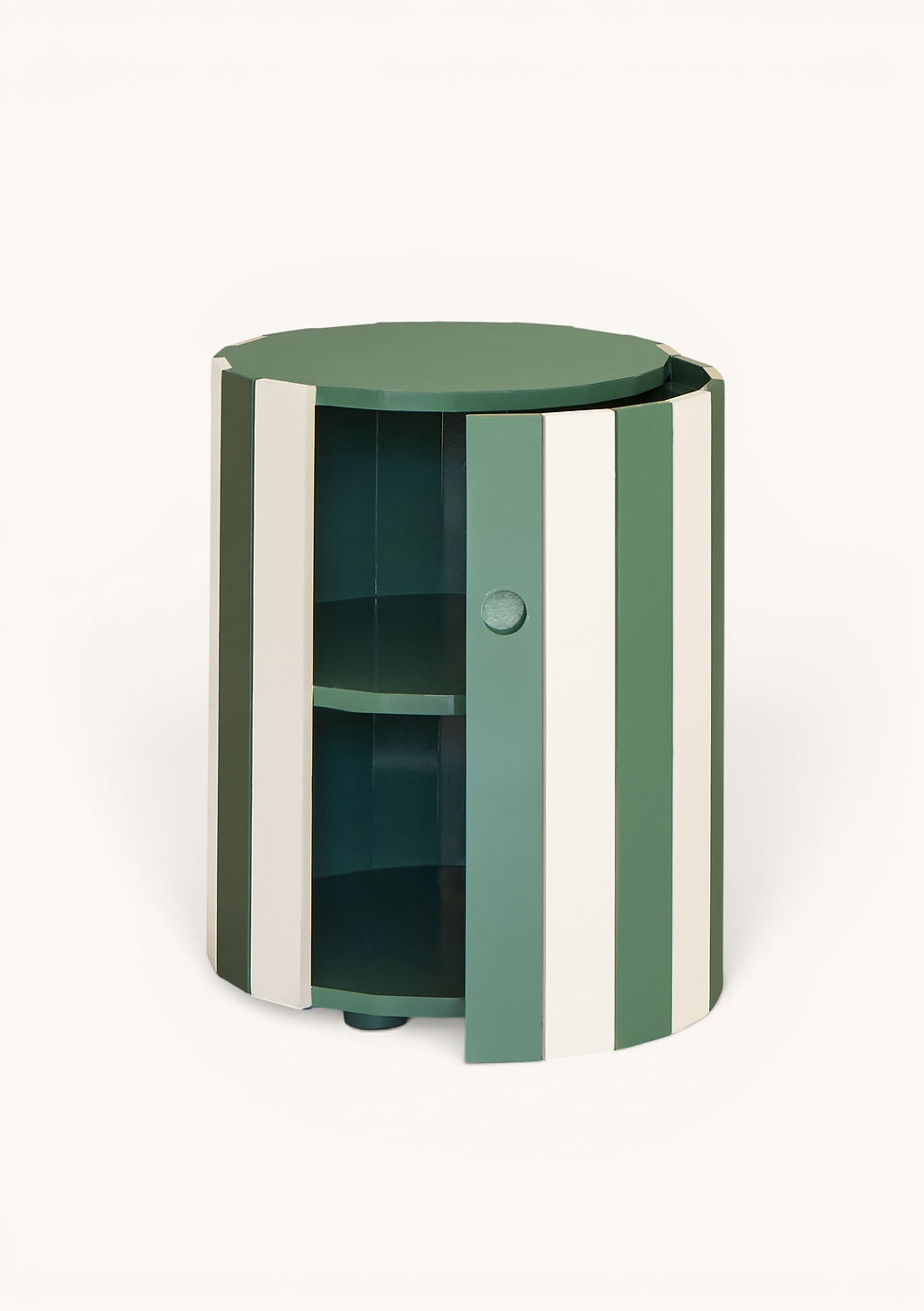 Sage green striped low barrel side table with hand-painted lacquer finish