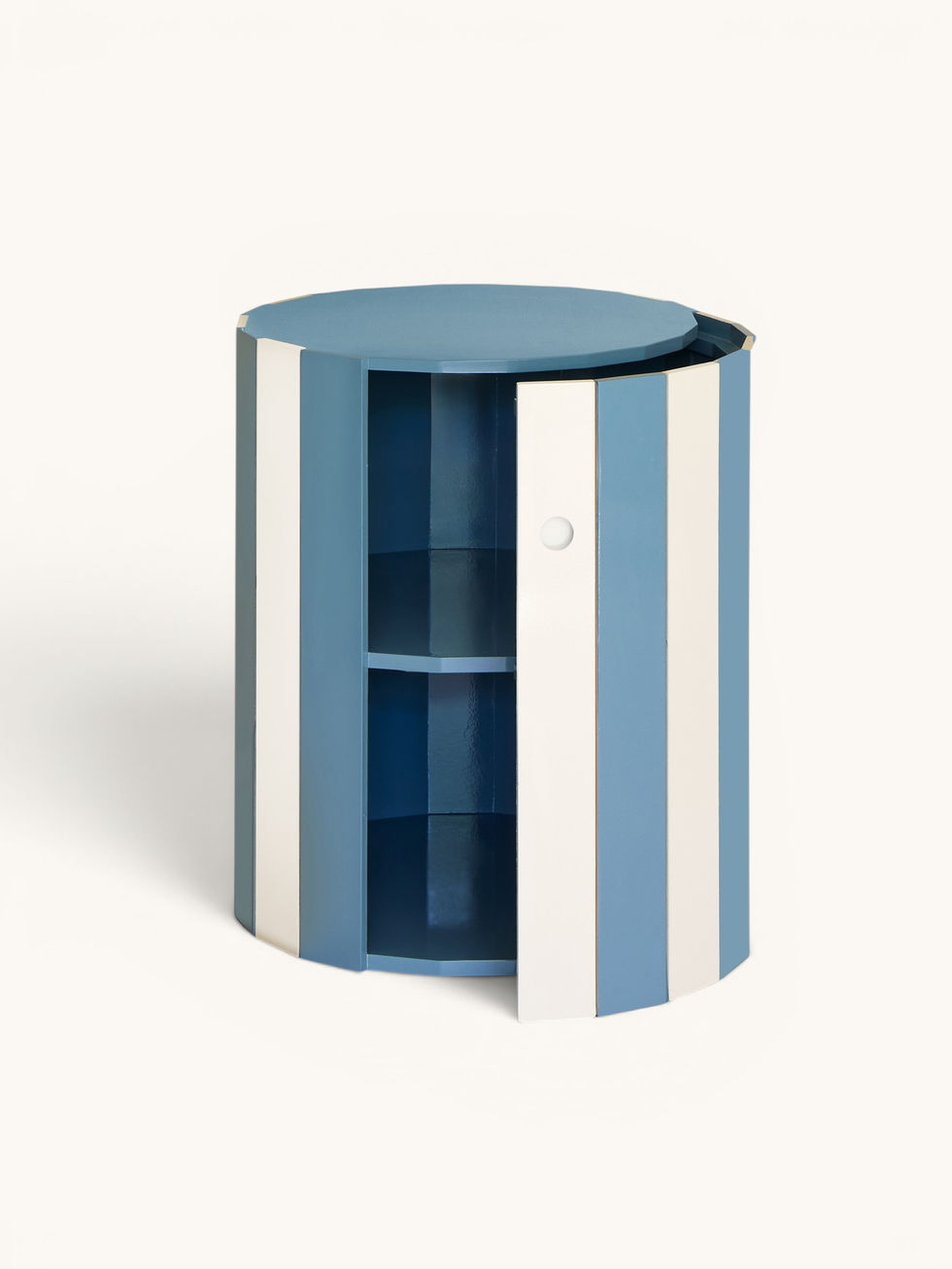 Sky Blue striped barrel table with hand-painted lacquer finish
